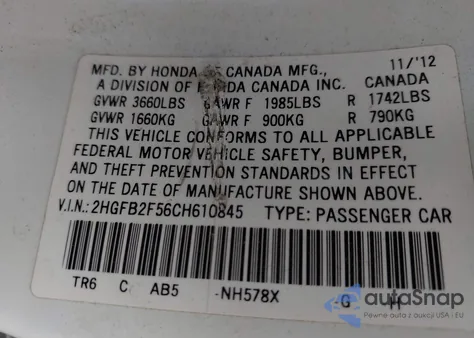 2012 Honda Civic Lx from USA, damaged, VIN 2HGFB2F56CH610845